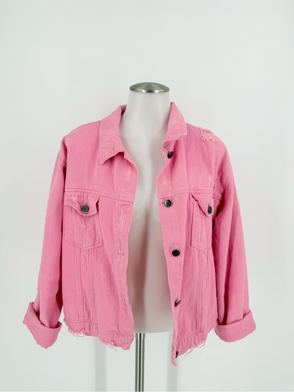 eesome Bubblegum Pink Distressed Denim Jacket